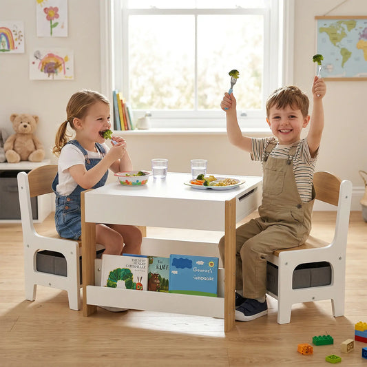 3 Piece Kids Table and Chair Set, Reversible Tabletop, Blackboard, Storage, Bookshelf, Natural Kids Table Sets Nature Wood, Grey amd White at Gallery Canada