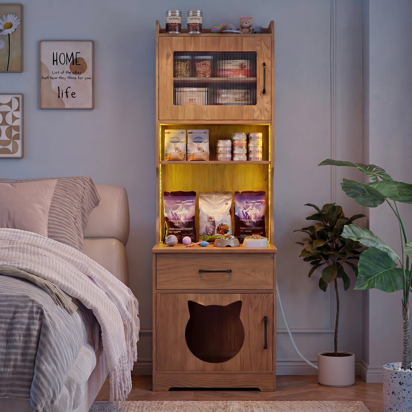 60" Boîte à litière pour chat avec éclairage LED, Naturel