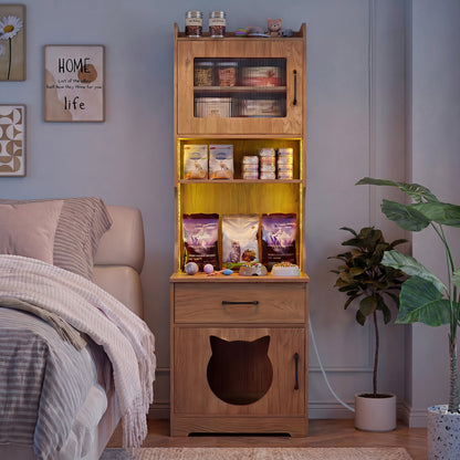 60" Boîte à litière pour chat avec éclairage LED, Naturel
