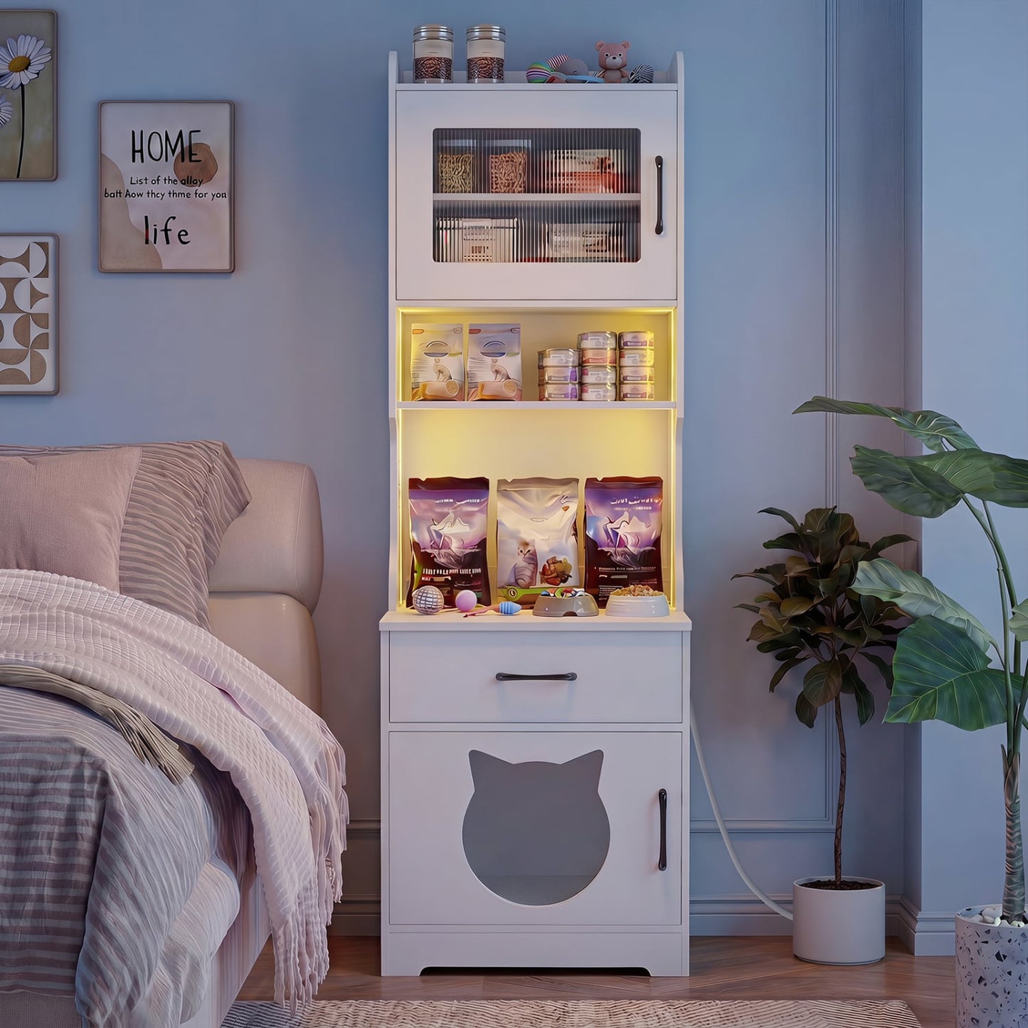 Cache litière pour chat, 60" avec lumière LED, blanc