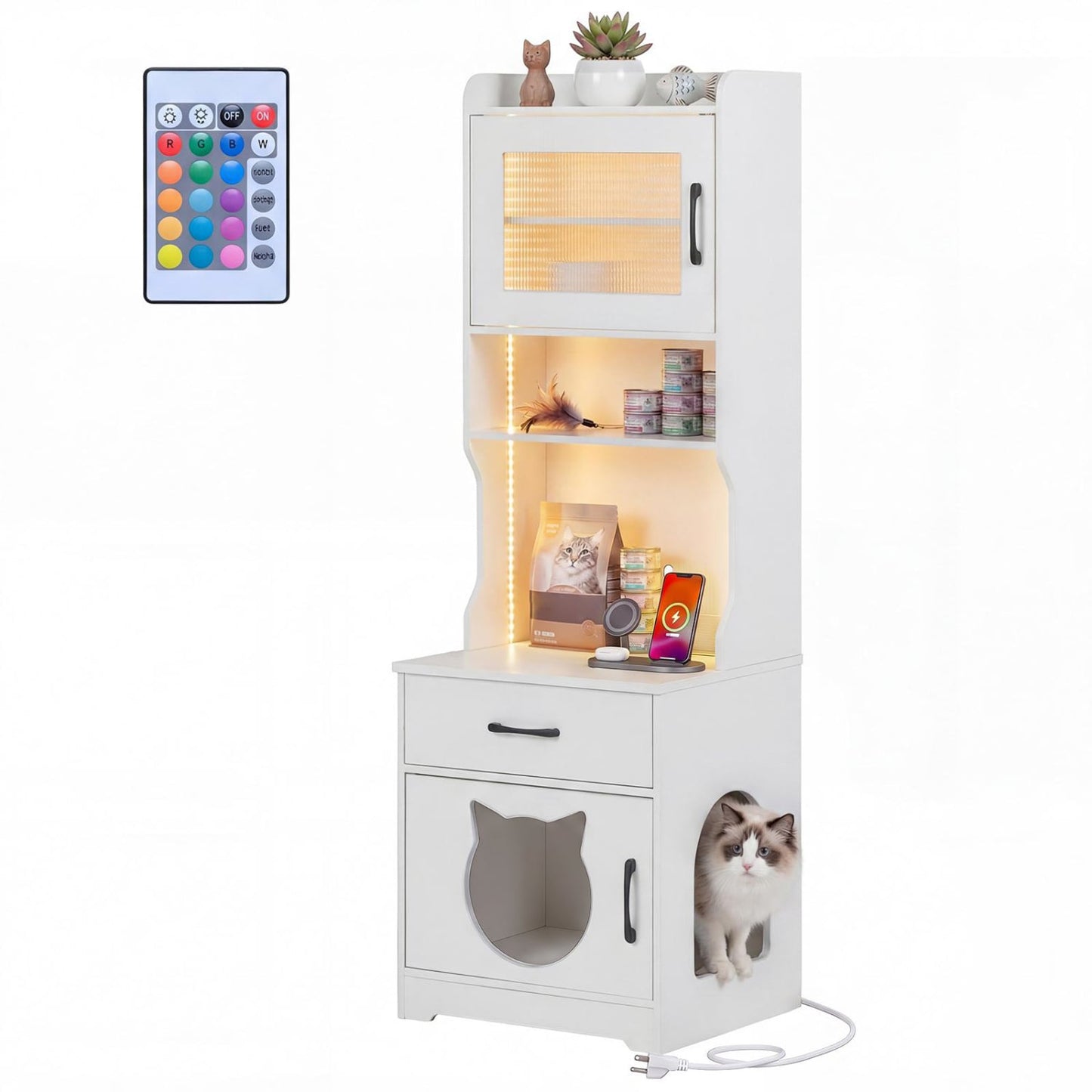 Cache litière pour chat, 60" avec lumière LED, blanc