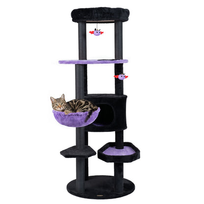 Tour à chat gothique de 60″, perchoir en peluche, jouets araignée, violet