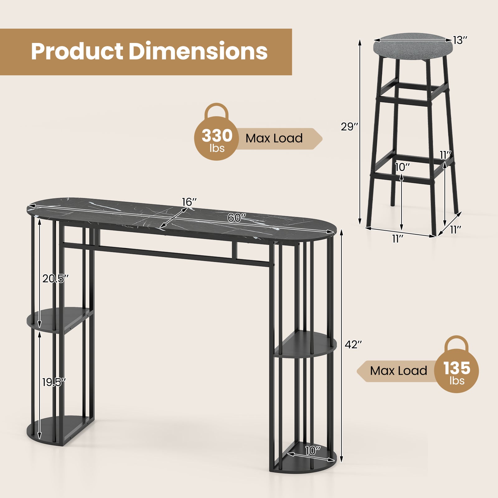 60 Inch Dining Table, 2 Barstools, Faux Marble Top, Gray Dining Room Sets at Gallery Canada