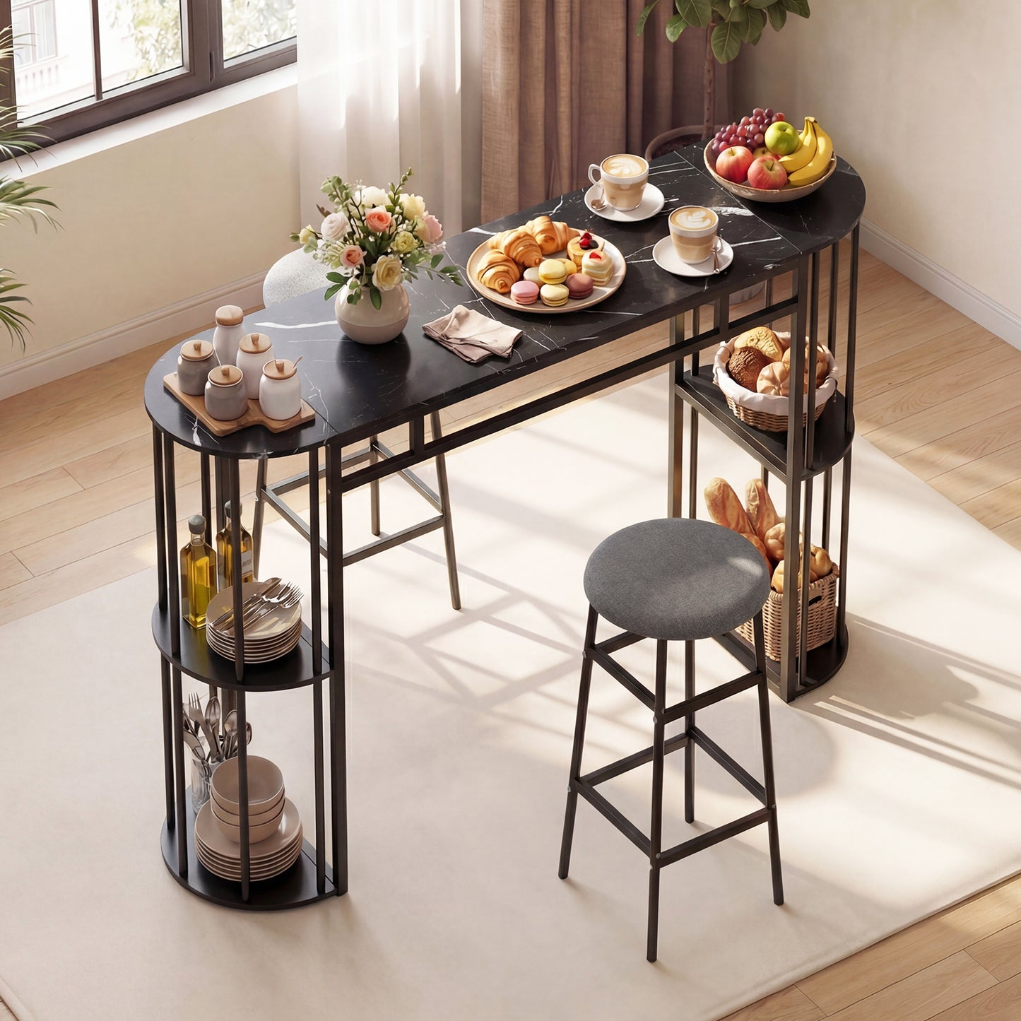 60 Inch Dining Table, 2 Barstools, Faux Marble Top, Gray Dining Room Sets at Gallery Canada
