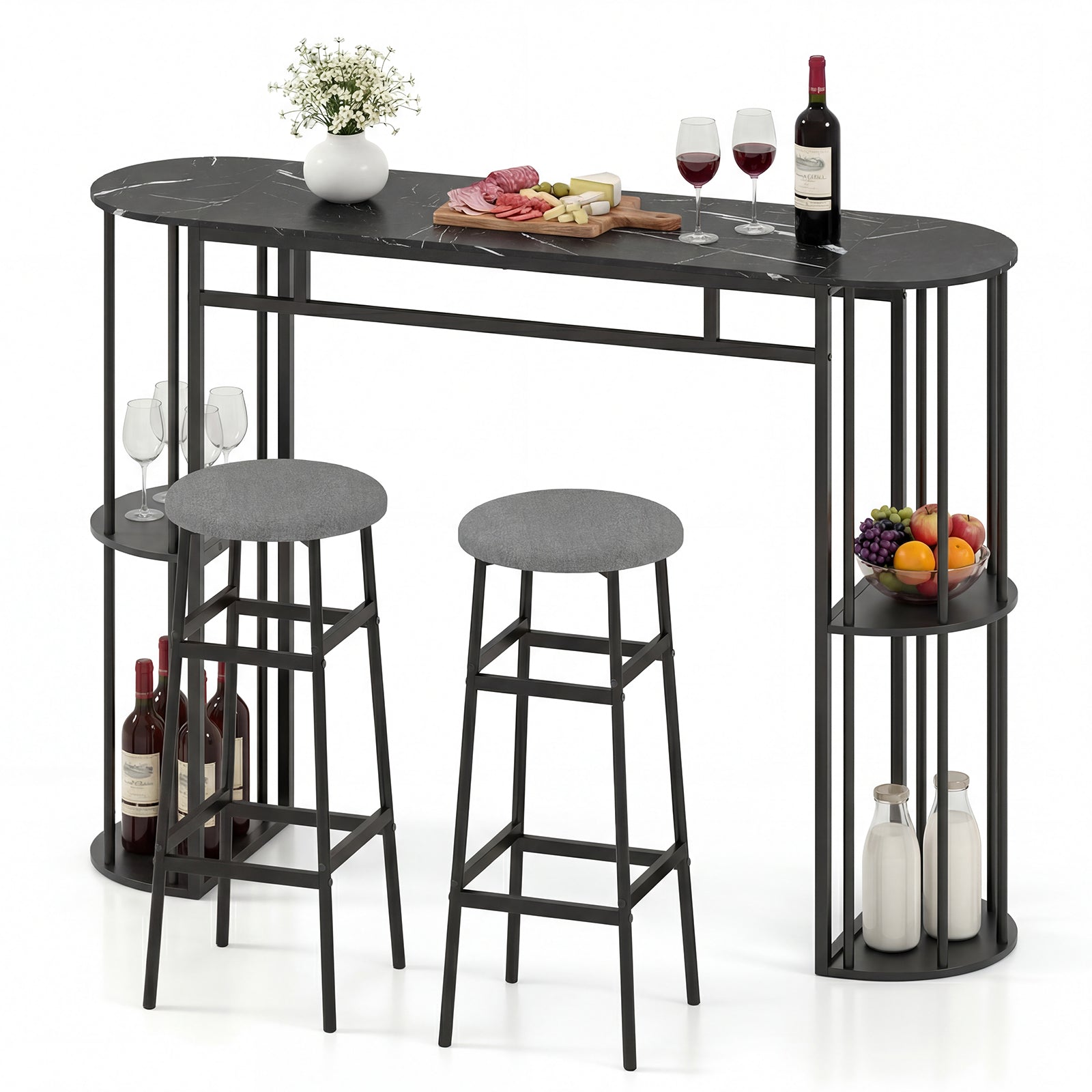 60 Inch Dining Table, 2 Barstools, Faux Marble Top, Gray Dining Room Sets at Gallery Canada