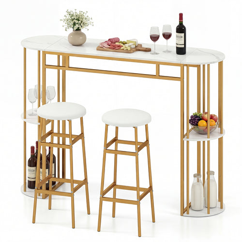 60 Inch Dining Table, 2 Upholstered Barstools, Faux Marble Tabletop, White