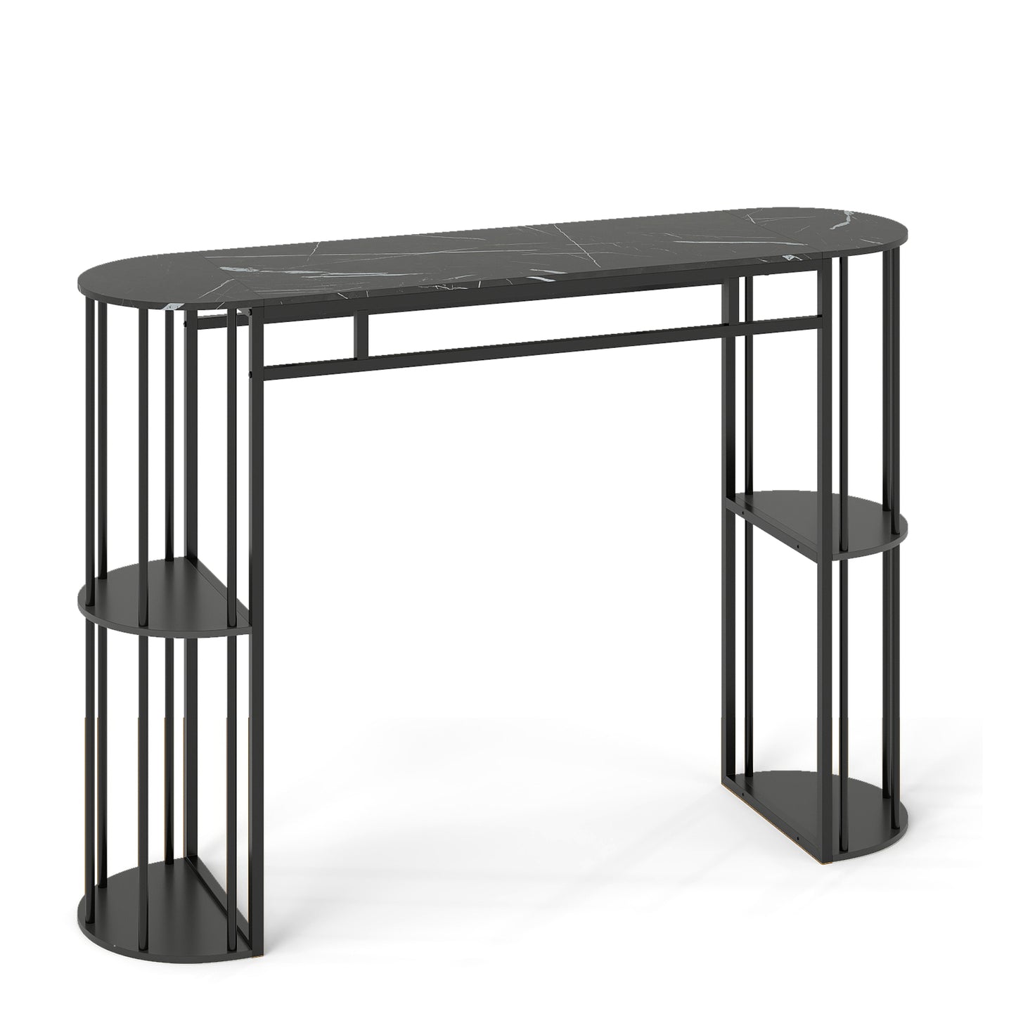 60 Inch Long Bar Table Narrow with Faux Marble Tabletop and Storage Shelves, Black Bar Tables Black at Gallery Canada