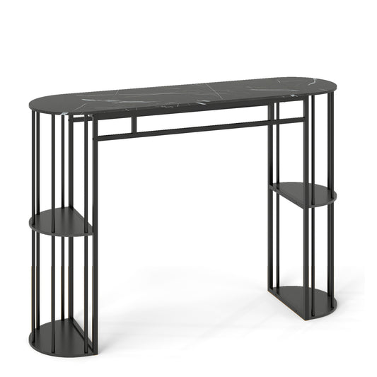 60 Inch Long Bar Table Narrow with Faux Marble Tabletop and Storage Shelves, Black Bar Tables Black at Gallery Canada