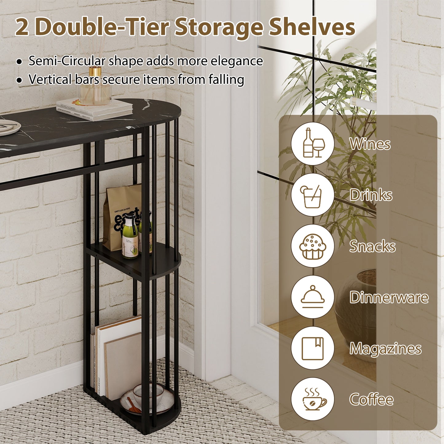 60 Inch Long Bar Table Narrow with Faux Marble Tabletop and Storage Shelves, Black Bar Tables at Gallery Canada