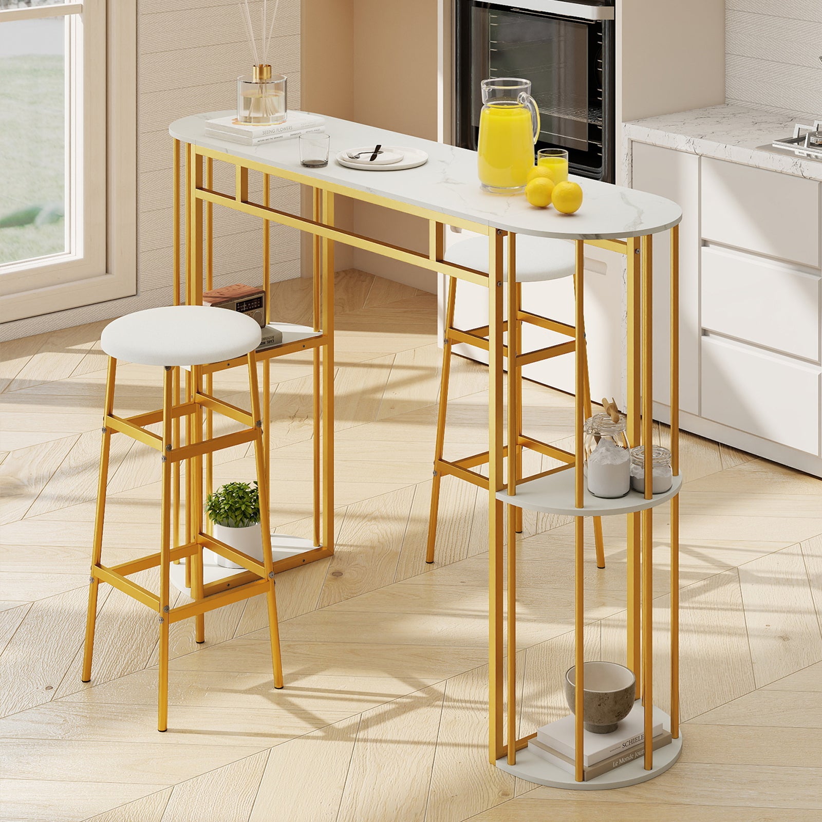 60 Inch Long Bar Table Narrow with Faux Marble Tabletop and Storage Shelves, White & Golden Bar Tables at Gallery Canada