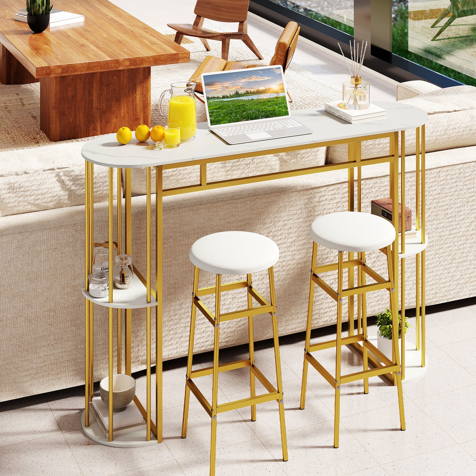 60 Inch Long Bar Table Narrow with Faux Marble Tabletop and Storage Shelves, White & Golden Bar Tables at Gallery Canada