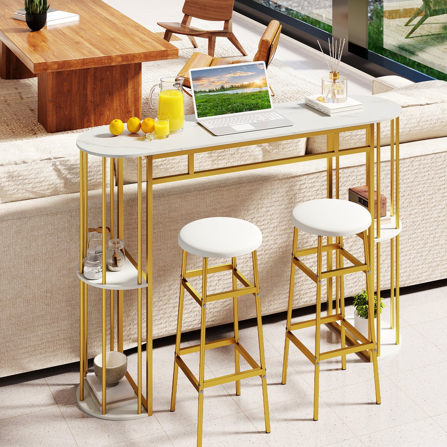 60 Inch Long Bar Table Narrow with Faux Marble Tabletop and Storage Shelves, White & Golden Bar Tables at Gallery Canada