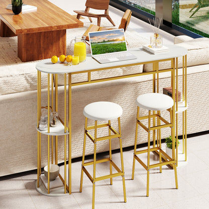 60 Inch Long Bar Table Narrow with Faux Marble Tabletop and Storage Shelves, White & Golden Bar Tables at Gallery Canada