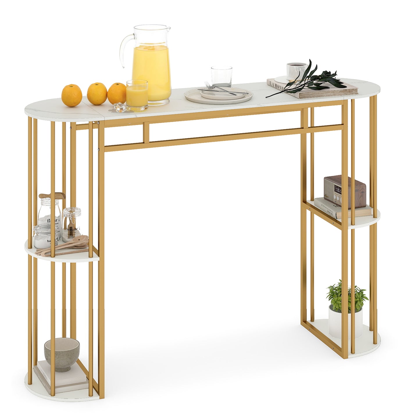 60 Inch Long Bar Table Narrow with Faux Marble Tabletop and Storage Shelves, White & Golden Bar Tables at Gallery Canada