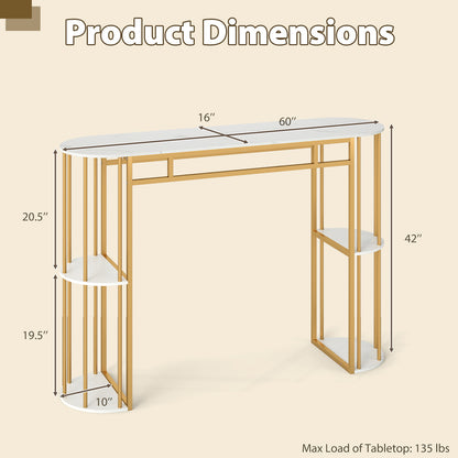 60 Inch Long Bar Table Narrow with Faux Marble Tabletop and Storage Shelves, White & Golden Bar Tables at Gallery Canada