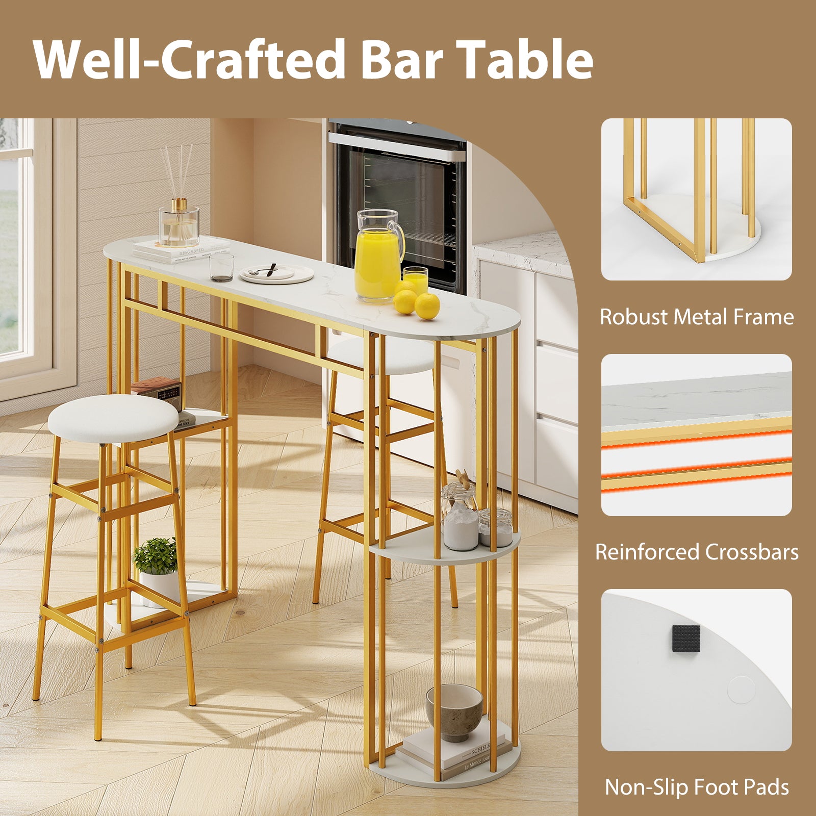 60 Inch Long Bar Table Narrow with Faux Marble Tabletop and Storage Shelves, White & Golden Bar Tables at Gallery Canada