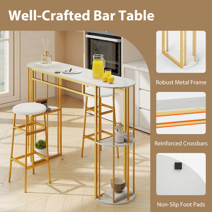 60 Inch Long Bar Table Narrow with Faux Marble Tabletop and Storage Shelves, White & Golden Bar Tables at Gallery Canada