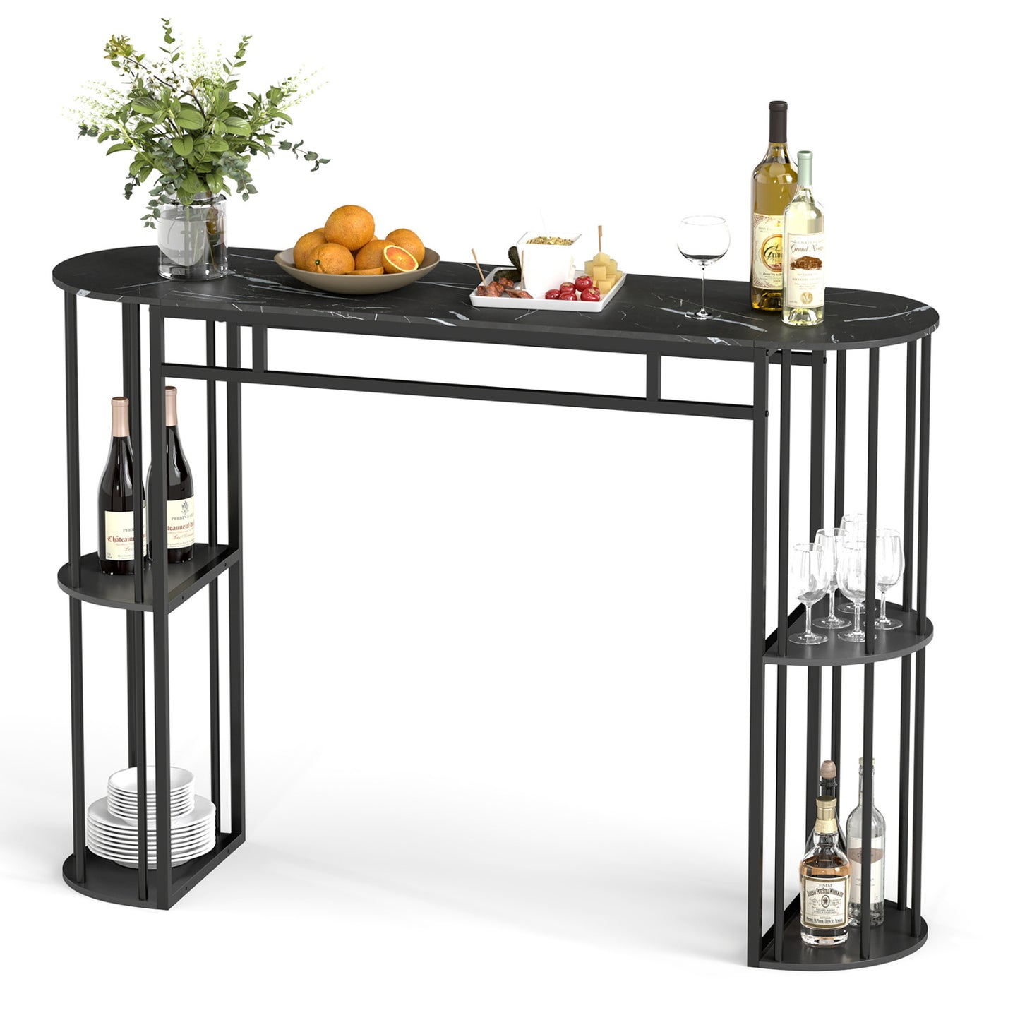 60 Inch Long Bar Table Narrow with Faux Marble Tabletop and Storage Shelves, Black Bar Tables Black at Gallery Canada