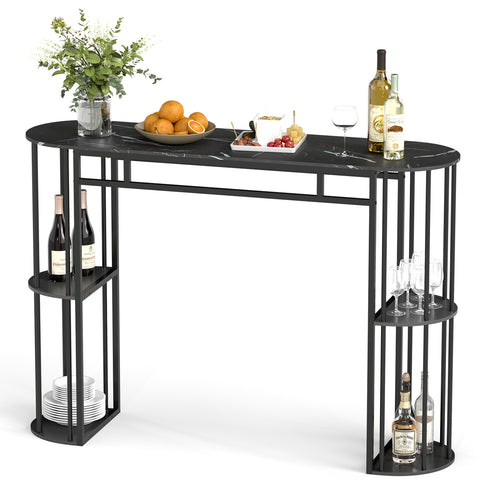 60 Inch Long Bar Table Narrow with Faux Marble Tabletop and Storage Shelves, Black