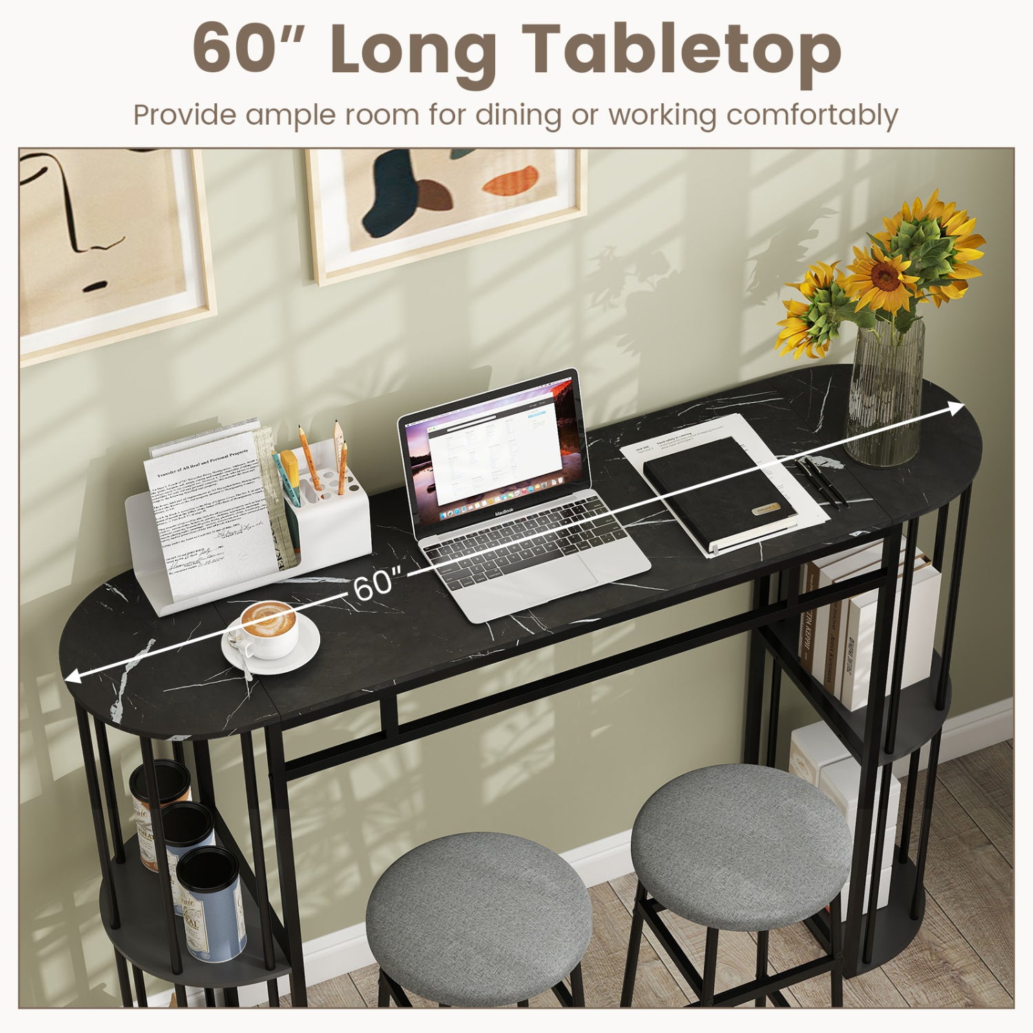 60 Inch Long Bar Table Narrow with Faux Marble Tabletop and Storage Shelves, Black Bar Tables at Gallery Canada