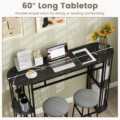 60 Inch Long Bar Table Narrow with Faux Marble Tabletop and Storage Shelves, Black Bar Tables at Gallery Canada