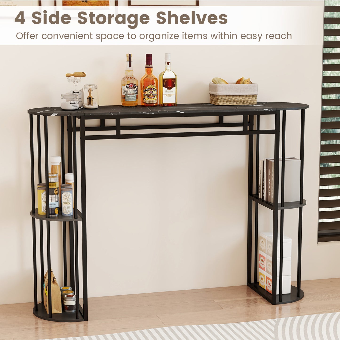 60 Inch Long Bar Table Narrow with Faux Marble Tabletop and Storage Shelves, Black Bar Tables at Gallery Canada