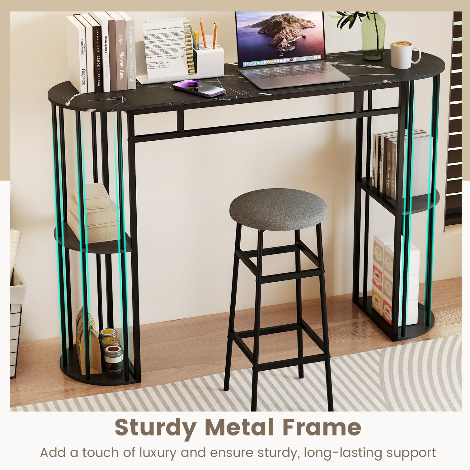 60 Inch Long Bar Table Narrow with Faux Marble Tabletop and Storage Shelves, Black Bar Tables at Gallery Canada