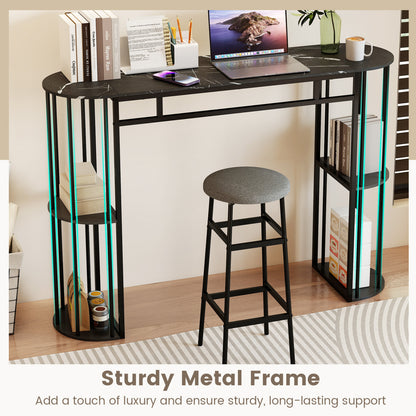 60 Inch Long Bar Table Narrow with Faux Marble Tabletop and Storage Shelves, Black Bar Tables at Gallery Canada