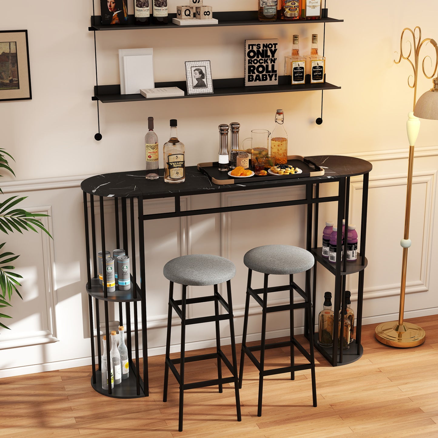 60 Inch Long Bar Table Narrow with Faux Marble Tabletop and Storage Shelves, Black Bar Tables at Gallery Canada