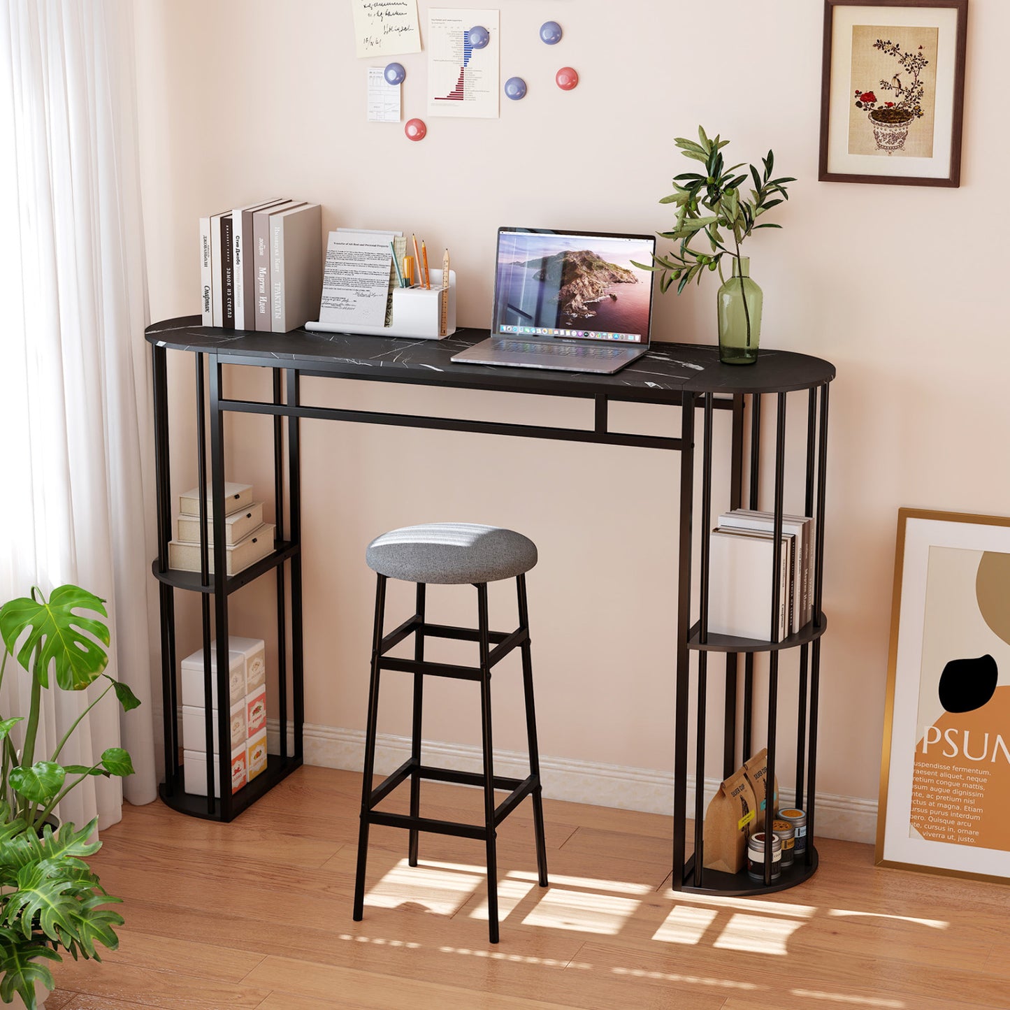 60 Inch Long Bar Table Narrow with Faux Marble Tabletop and Storage Shelves, Black Bar Tables at Gallery Canada
