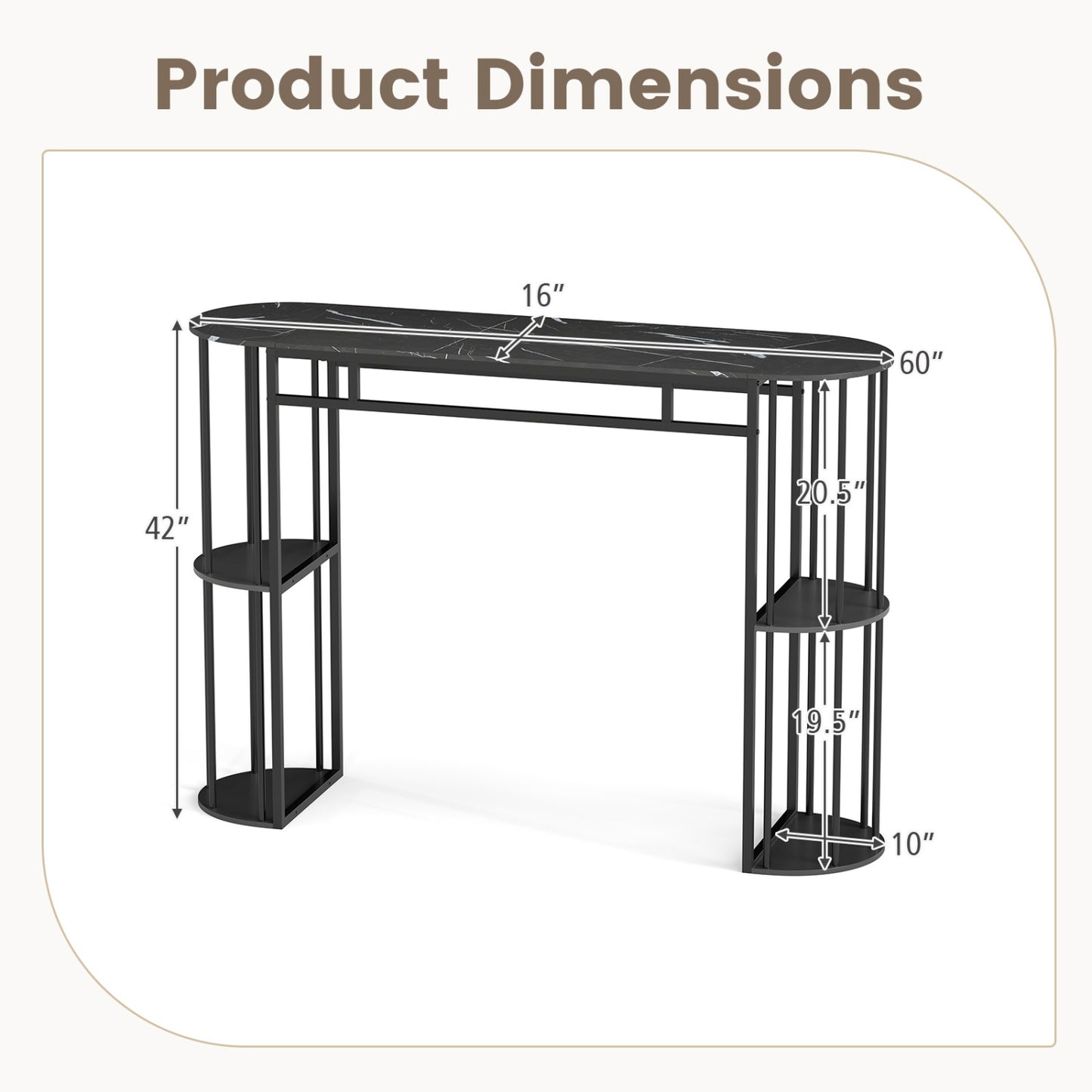 60 Inch Long Bar Table Narrow with Faux Marble Tabletop and Storage Shelves, Black Bar Tables at Gallery Canada