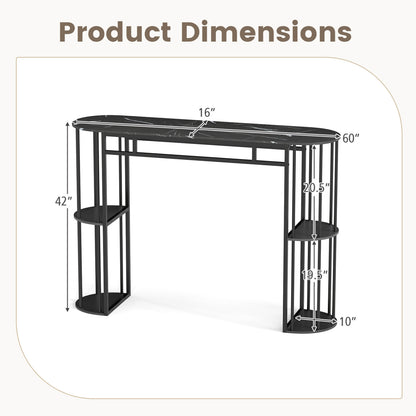 60 Inch Long Bar Table Narrow with Faux Marble Tabletop and Storage Shelves, Black Bar Tables at Gallery Canada