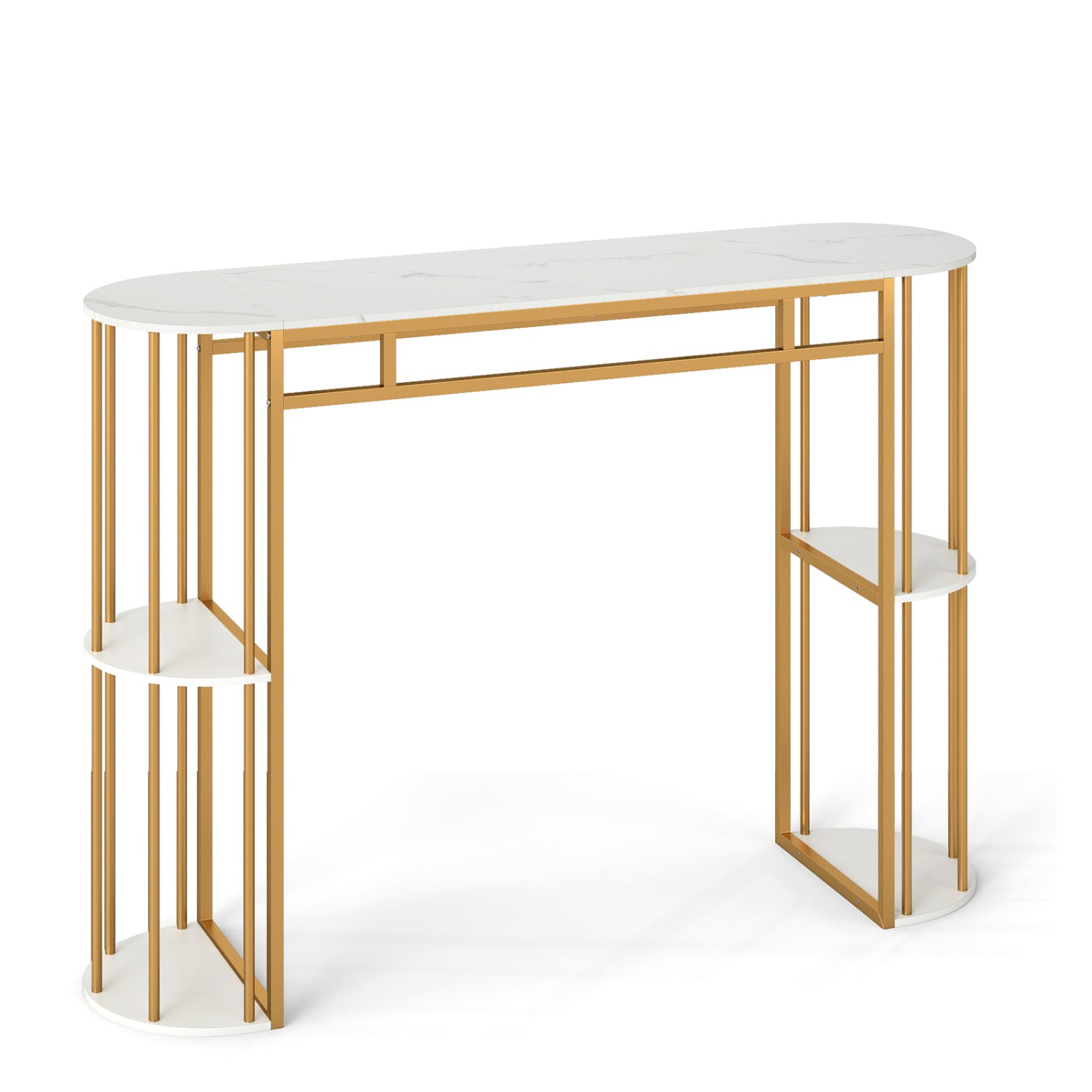60 Inch Long Bar Table Narrow with Faux Marble Tabletop and Storage Shelves, White & Golden Bar Tables at Gallery Canada