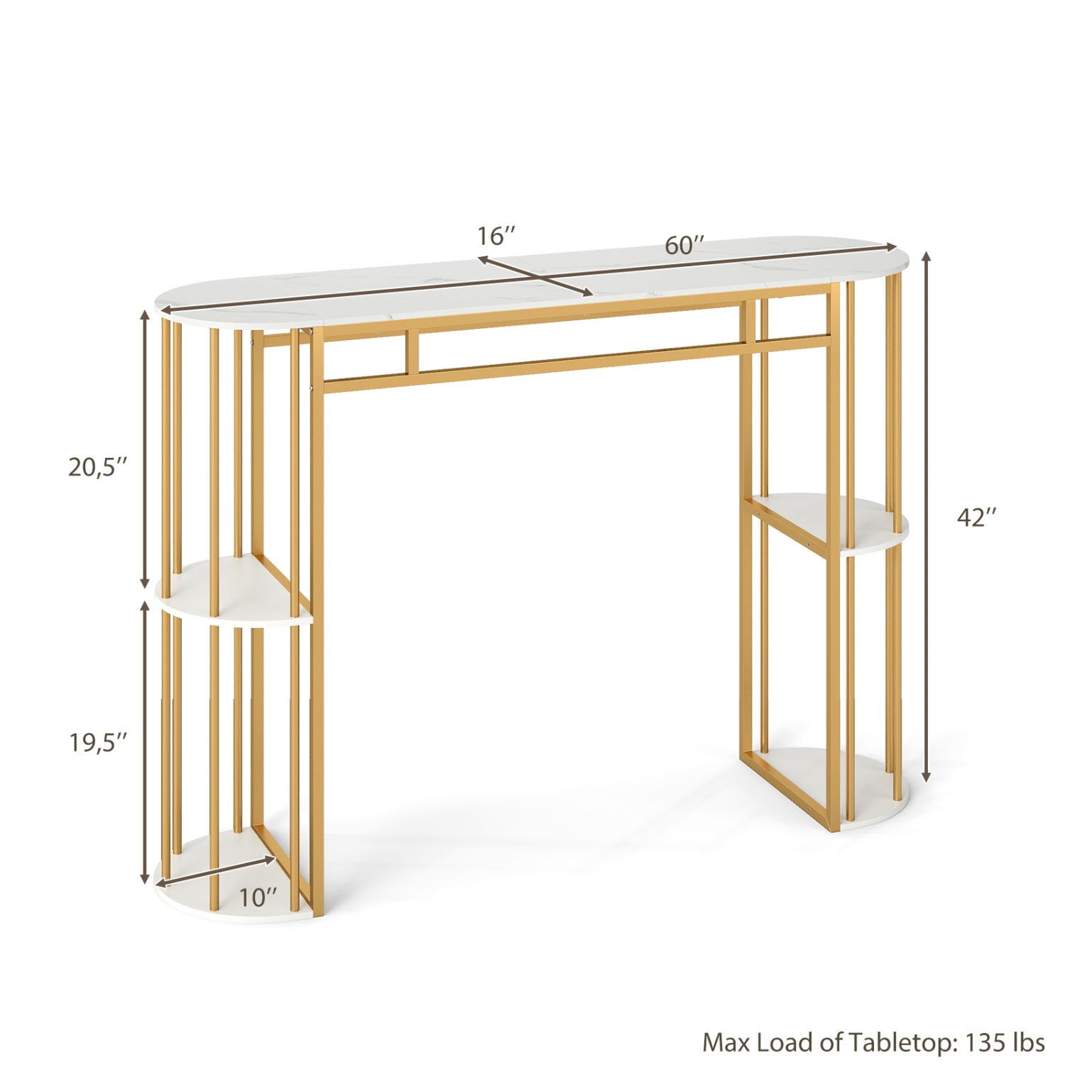 60 Inch Long Bar Table Narrow with Faux Marble Tabletop and Storage Shelves, White & Golden Bar Tables at Gallery Canada