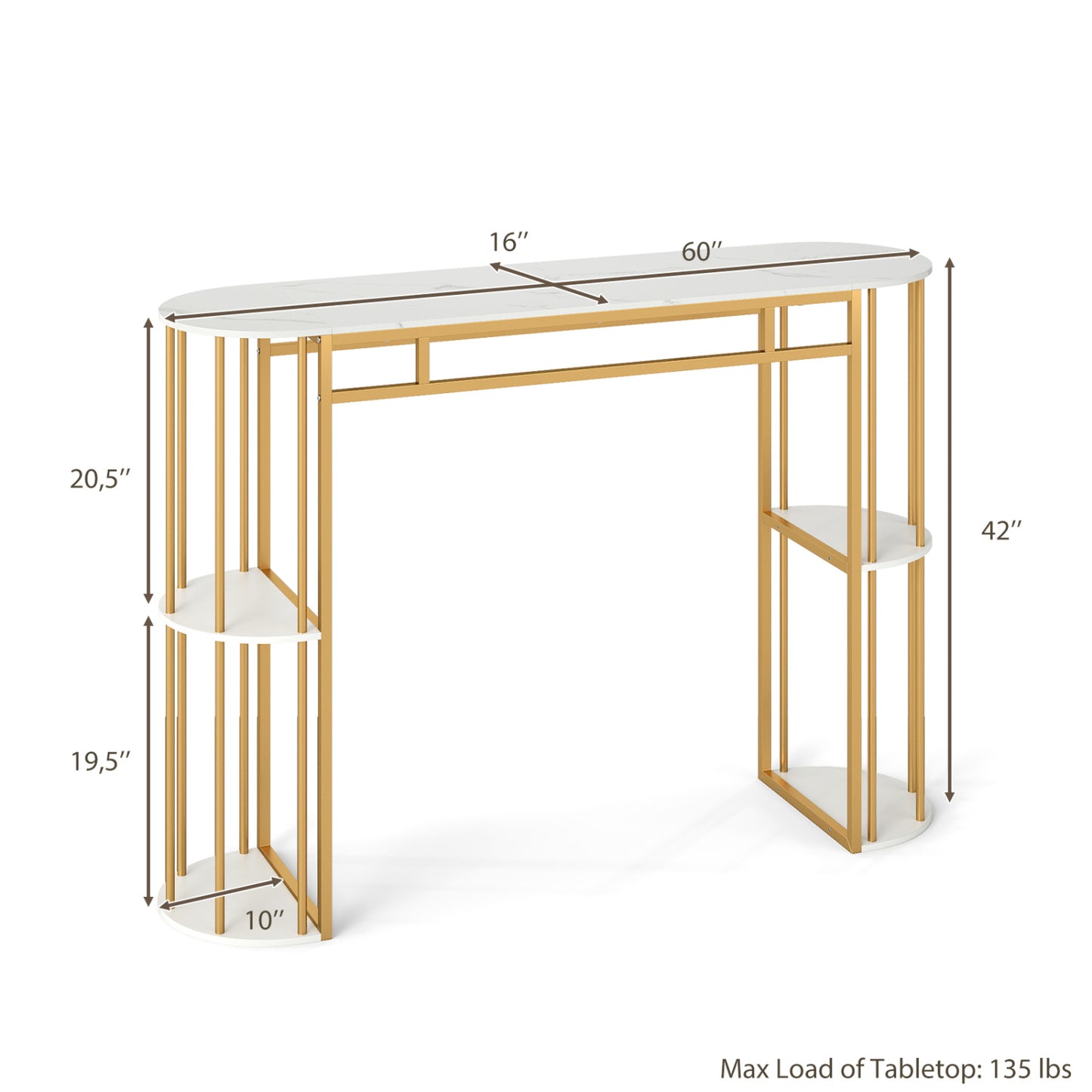 60 Inch Long Bar Table Narrow with Faux Marble Tabletop and Storage Shelves, White & Golden Bar Tables at Gallery Canada