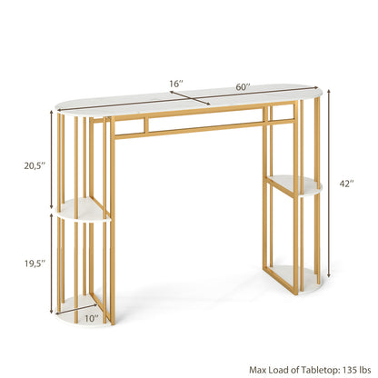 60 Inch Long Bar Table Narrow with Faux Marble Tabletop and Storage Shelves, White & Golden Bar Tables at Gallery Canada