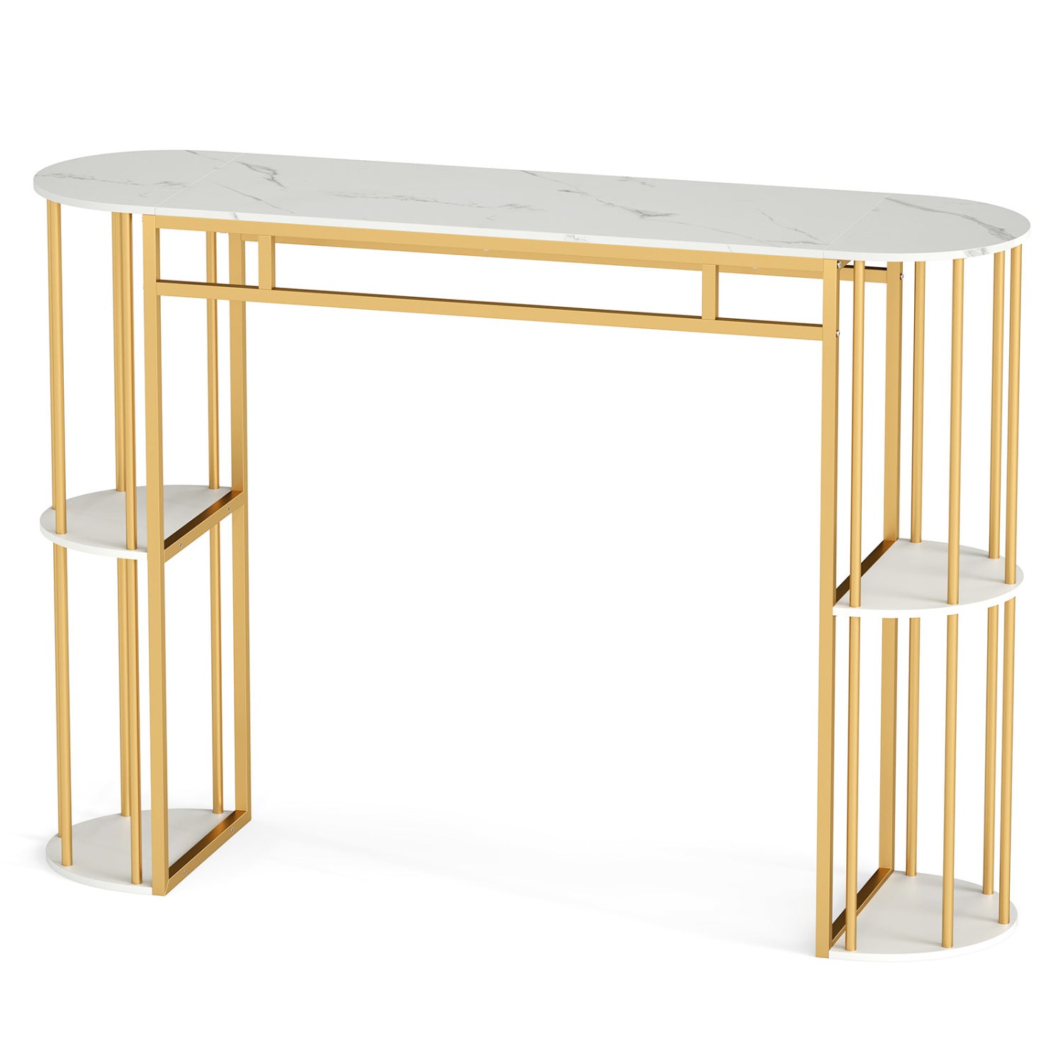 60 Inch Long Bar Table Narrow with Faux Marble Tabletop and Storage Shelves, White & Golden Bar Tables at Gallery Canada