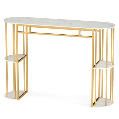 60 Inch Long Bar Table Narrow with Faux Marble Tabletop and Storage Shelves, White & Golden Bar Tables at Gallery Canada