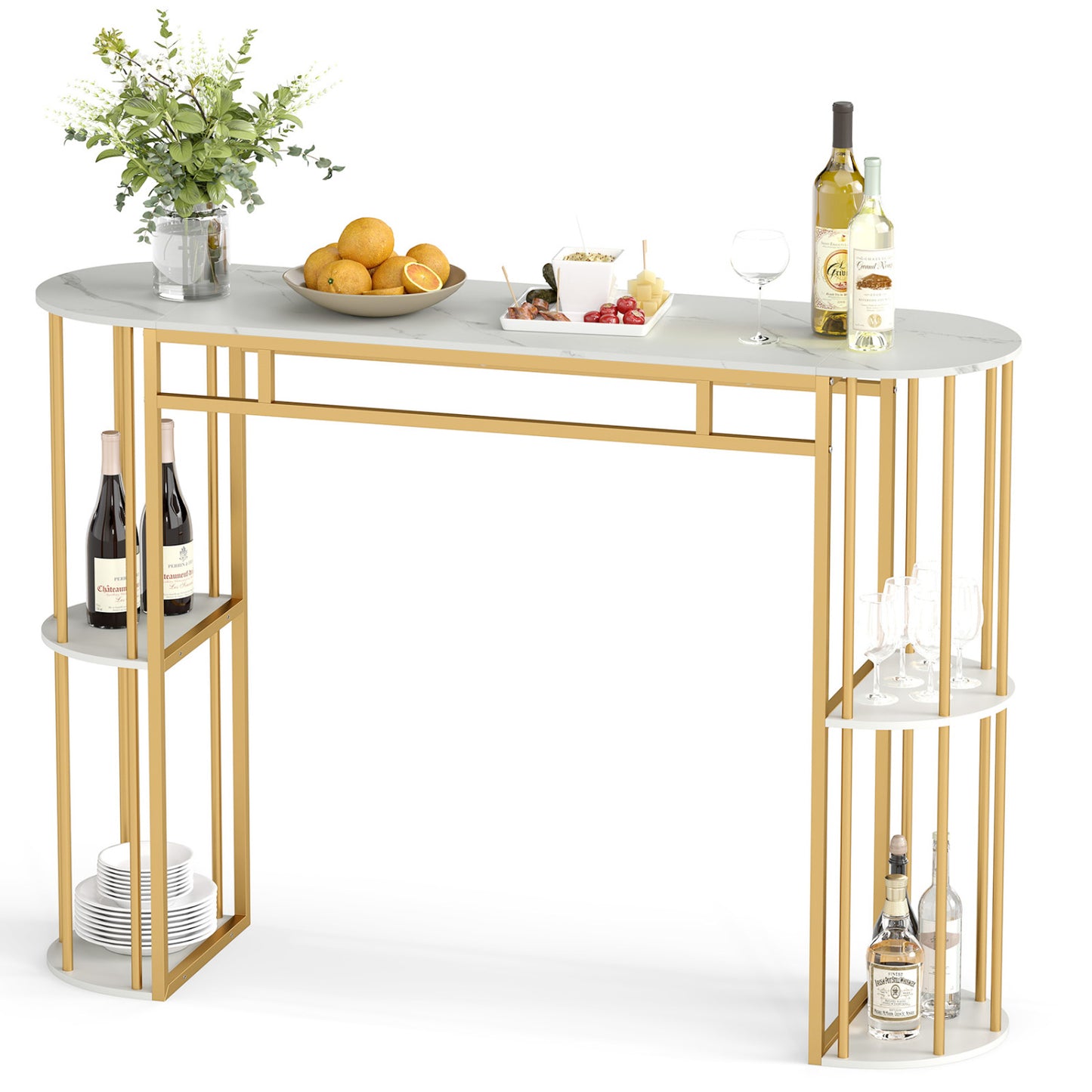 60 Inch Long Bar Table Narrow with Faux Marble Tabletop and Storage Shelves, White & Golden Bar Tables at Gallery Canada