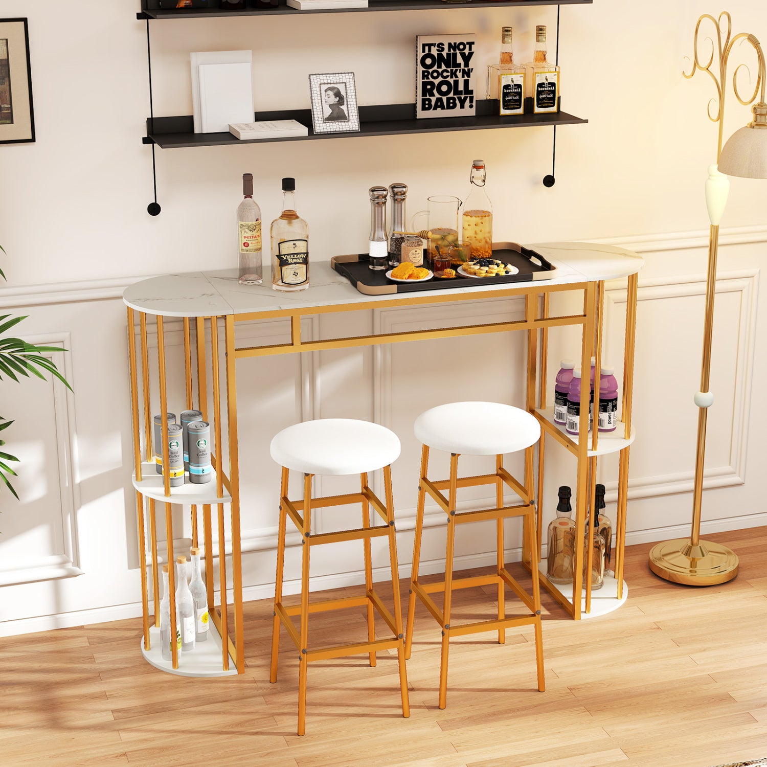 60 Inch Long Bar Table Narrow with Faux Marble Tabletop and Storage Shelves, White & Golden Bar Tables at Gallery Canada