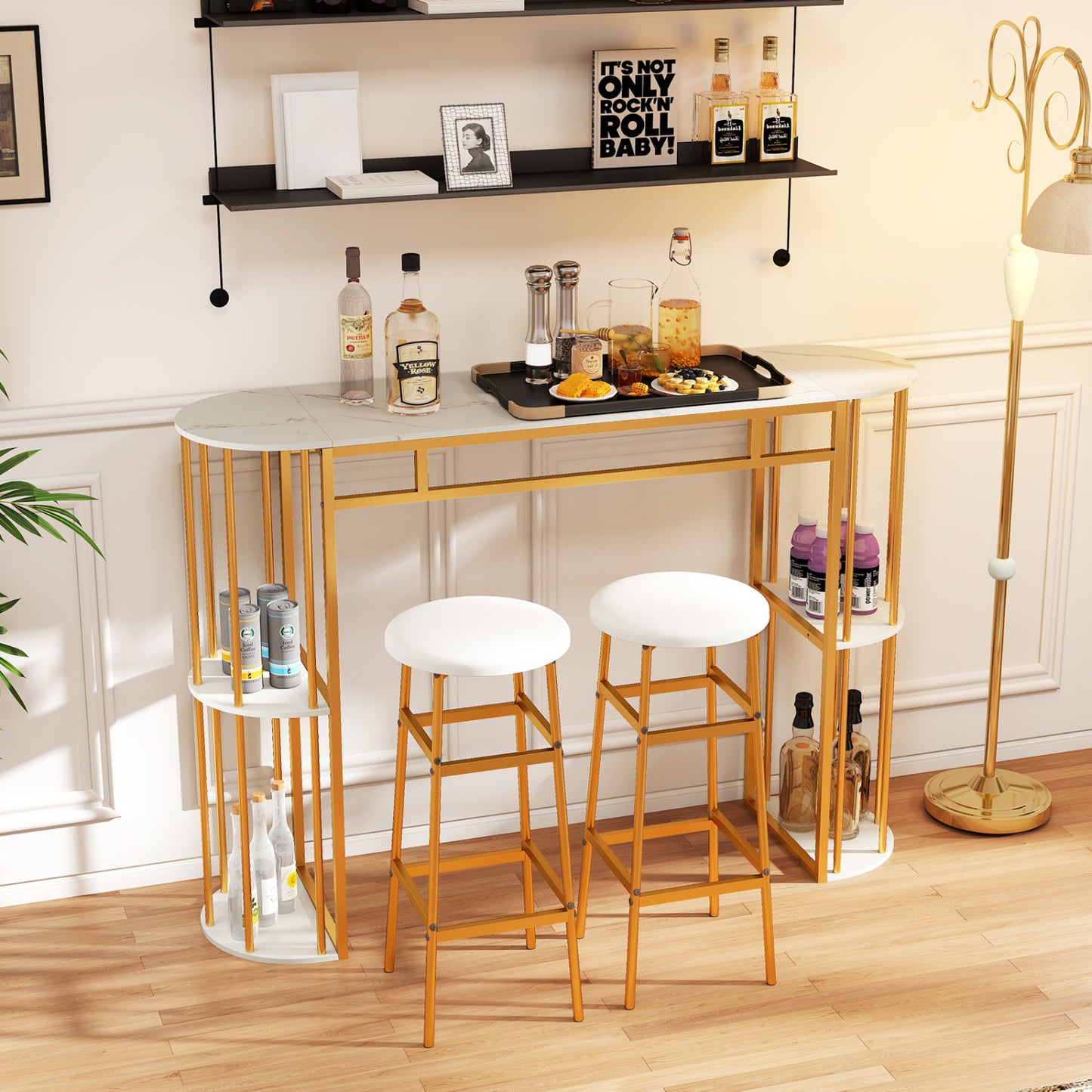 60 Inch Long Bar Table Narrow with Faux Marble Tabletop and Storage Shelves, White & Golden Bar Tables at Gallery Canada