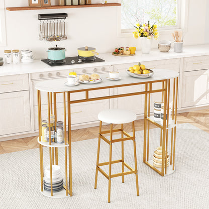 60 Inch Long Bar Table Narrow with Faux Marble Tabletop and Storage Shelves, White & Golden Bar Tables at Gallery Canada