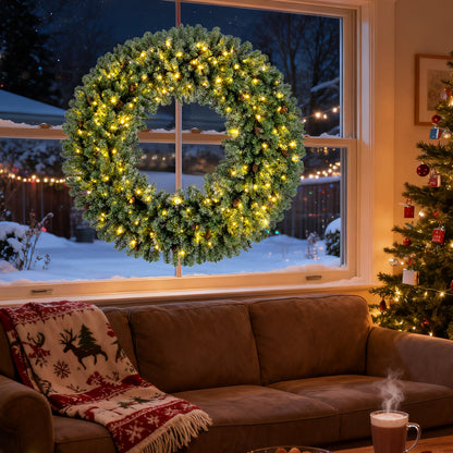 60 Inch Pre-Lit Artificial Christmas Wreath 200 LED Warm White Lights-Set of 2 Christmas Decor & Accessories at Gallery Canada