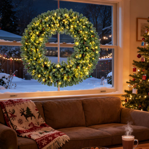 60 Inch Pre-Lit Artificial Christmas Wreath 200 LED Warm White Lights-1 Piece