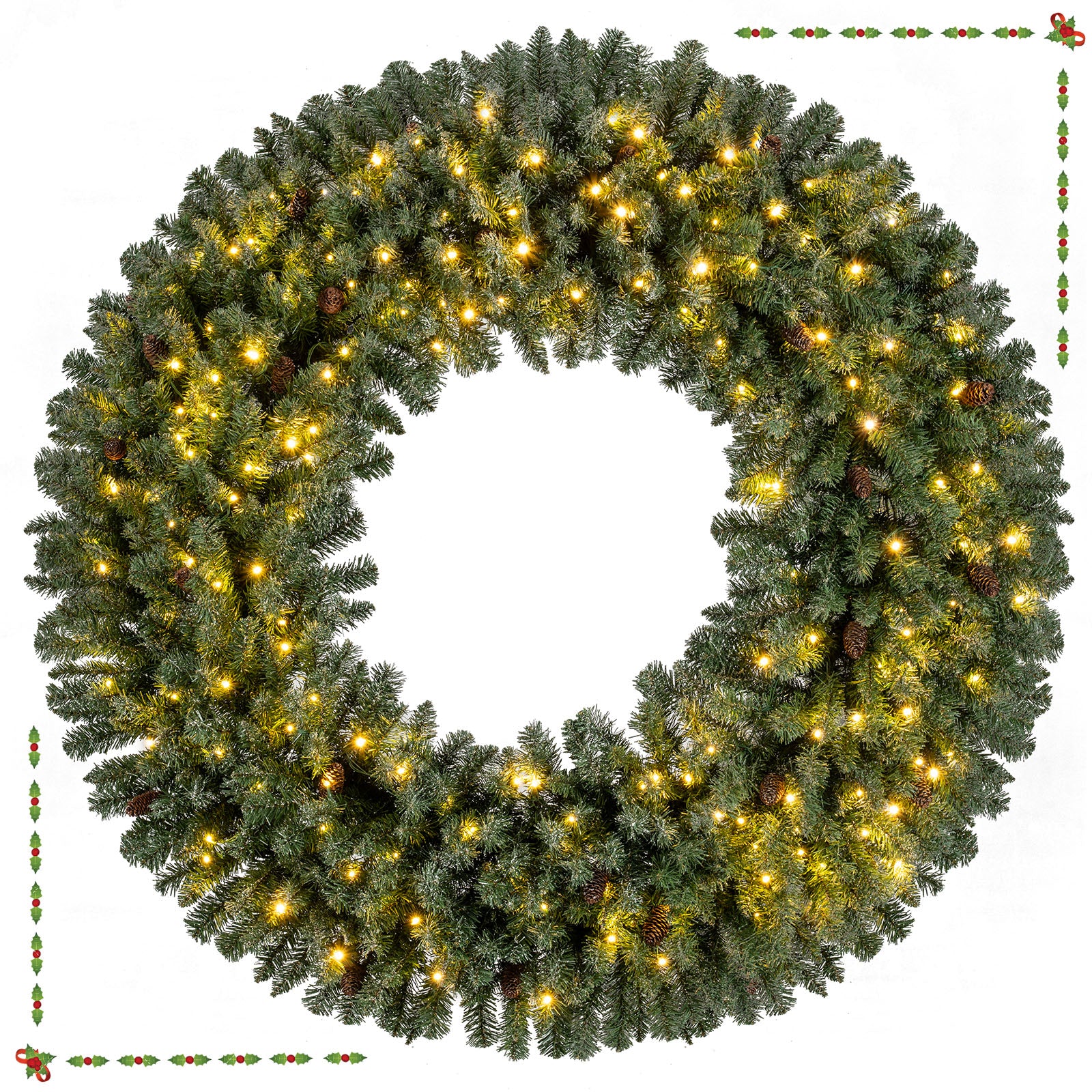 60 Inch Pre-Lit Artificial Christmas Wreath 200 LED Warm White Lights-1 Piece Christmas Decor & Accessories Options at Gallery Canada