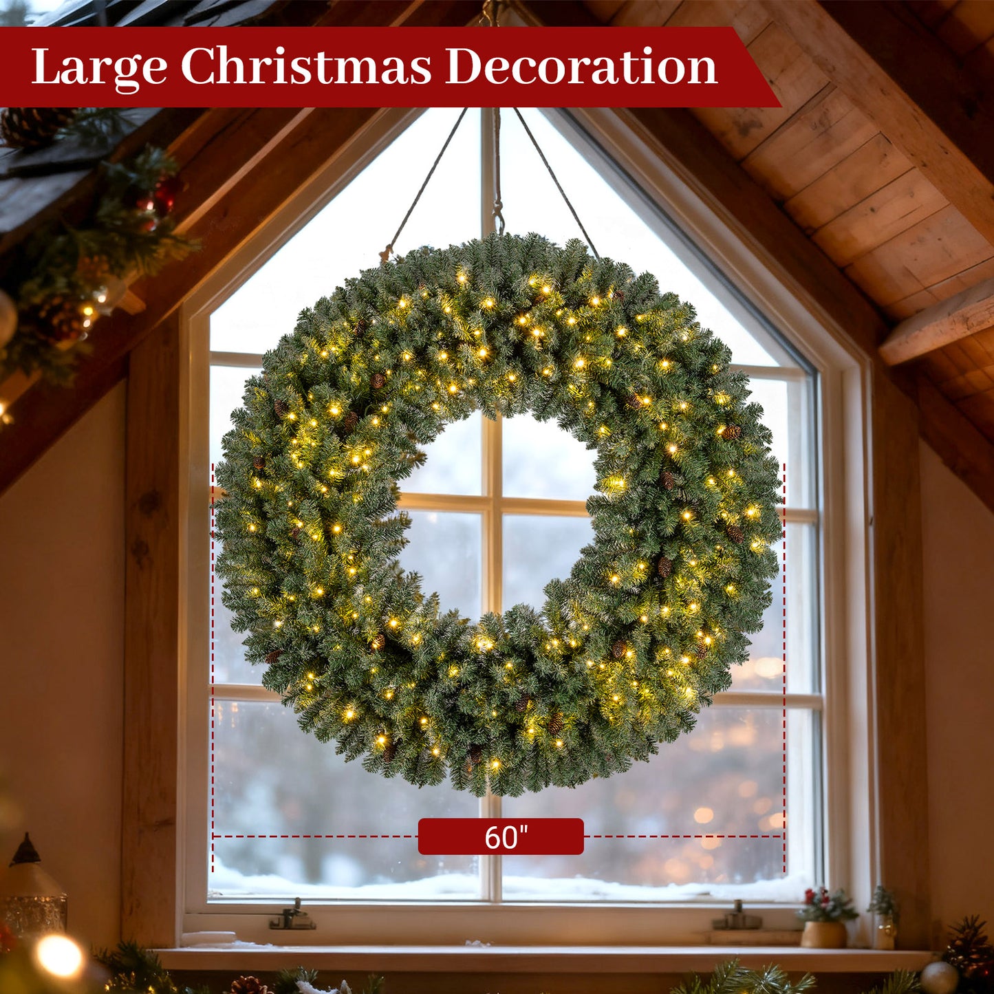 60 Inch Pre-Lit Artificial Christmas Wreath 200 LED Warm White Lights-1 Piece Christmas Decor & Accessories at Gallery Canada