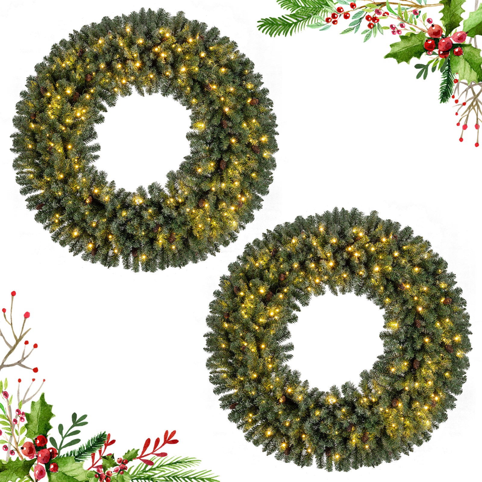 60 Inch Pre-Lit Artificial Christmas Wreath 200 LED Warm White Lights-Set of 2 Christmas Decor & Accessories Options at Gallery Canada