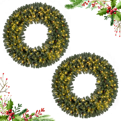 60 Inch Pre-Lit Artificial Christmas Wreath 200 LED Warm White Lights-Set of 2