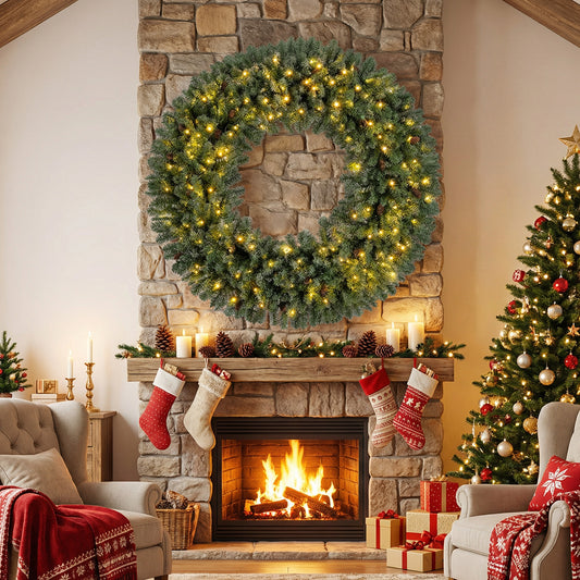 60 Inch Pre-Lit Artificial Christmas Wreath 200 LED Warm White Lights-Set of 2 Christmas Decor & Accessories Options at Gallery Canada