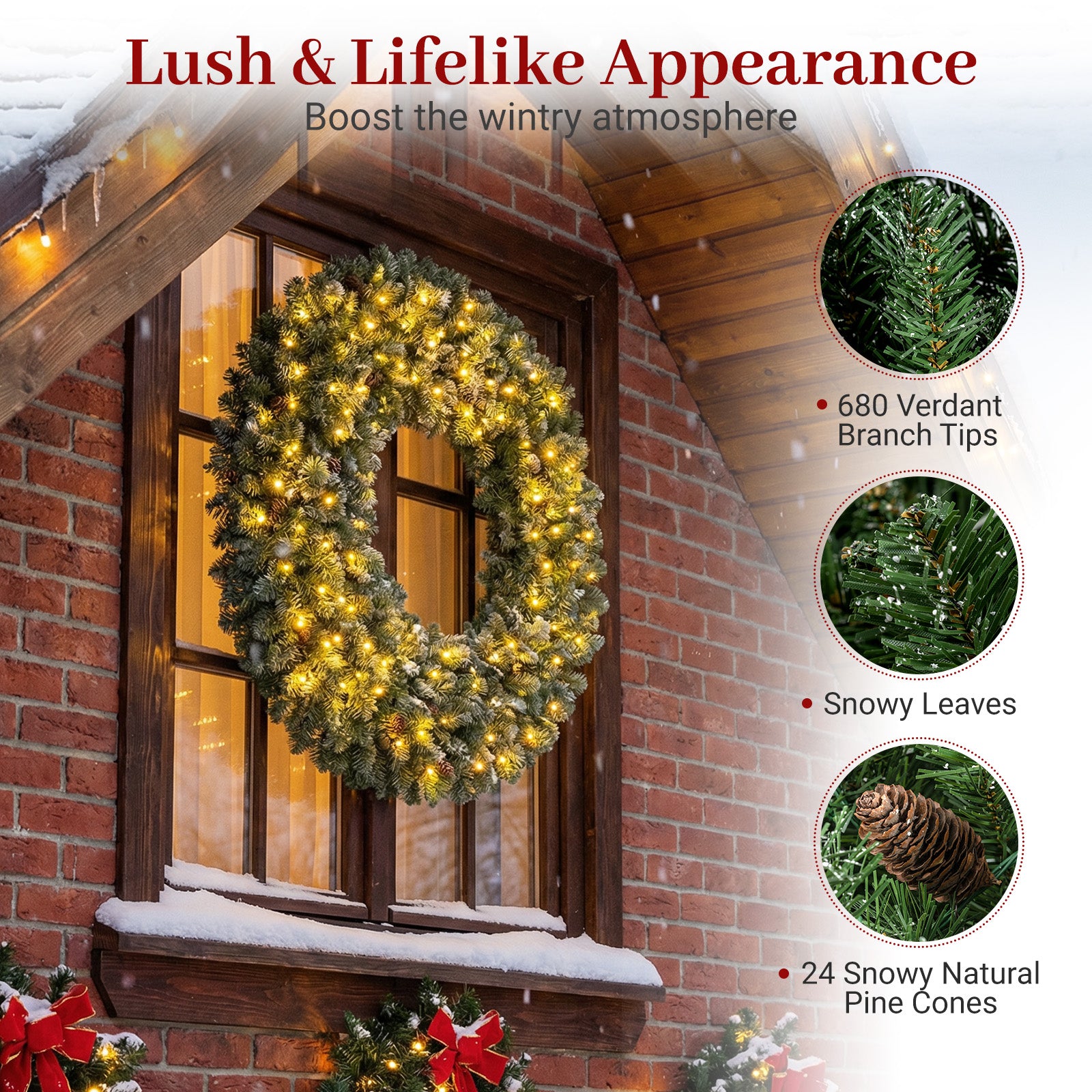 60 Inch Pre-Lit Artificial Christmas Wreath 200 LED Warm White Lights-Set of 2 Christmas Decor & Accessories at Gallery Canada